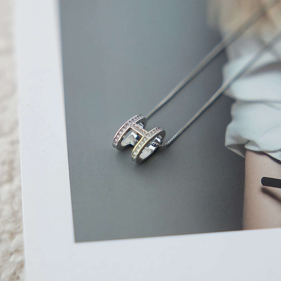 铜项链 HY041 轮回-银色H款项链 时尚百搭镶嵌满钻坠链 精致带钻