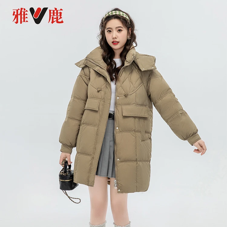 雅鹿【可脱卸帽】2024年冬季新款时尚百搭休闲90白鸭绒羽绒服外套女