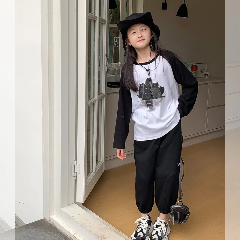 【小黑喵】2024春款童装百搭印花插肩袖女童长袖打底T恤JX248813