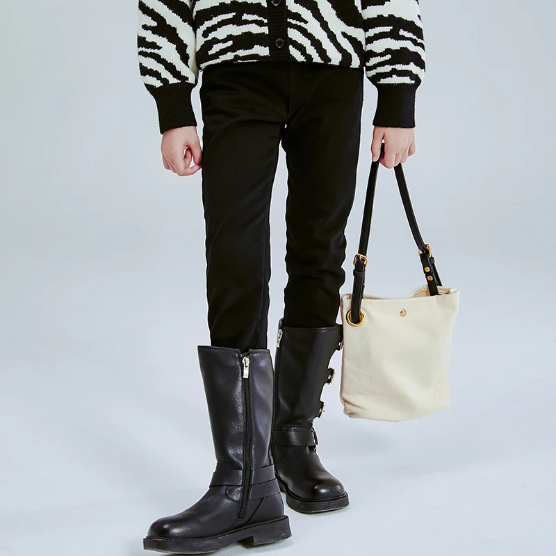 【薄绒】西西家2023秋冬款新款女童抓绒修身弹力黑色小脚裤