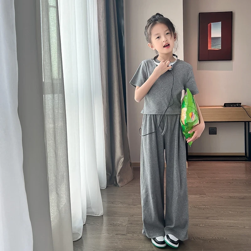 女童夏装2025新款儿童休闲短袖套装阔腿裤两件套JX249