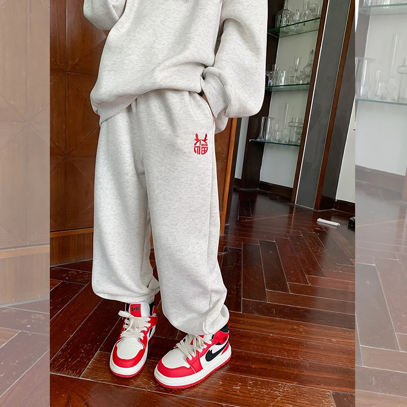 【福到啦】西西家2024冬款女童简约百搭绣花加绒卫裤加厚长裤JX8853