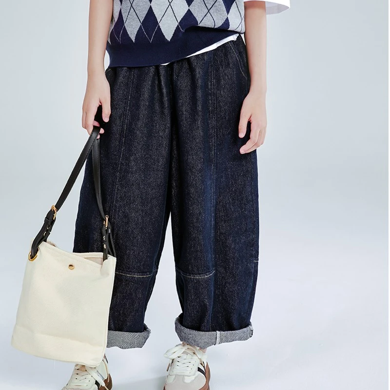 【深蓝牛】西西家2023秋冬款韩版女童简约百搭宽松阔腿牛仔裤KD855