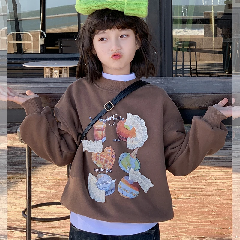 【花边有戏】西西家女童卫衣2024冬款加绒保暖蕾丝花边上衣DF13373