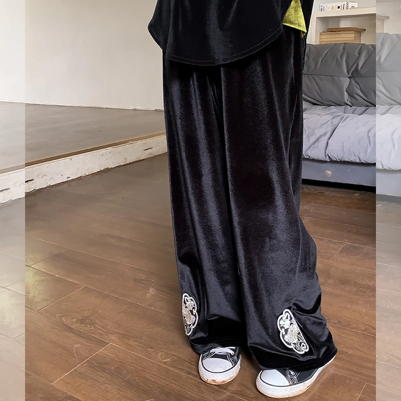 【中式丝绒】西西家2024女童春季新中式黑色丝绒阔腿裤长裤JX2801