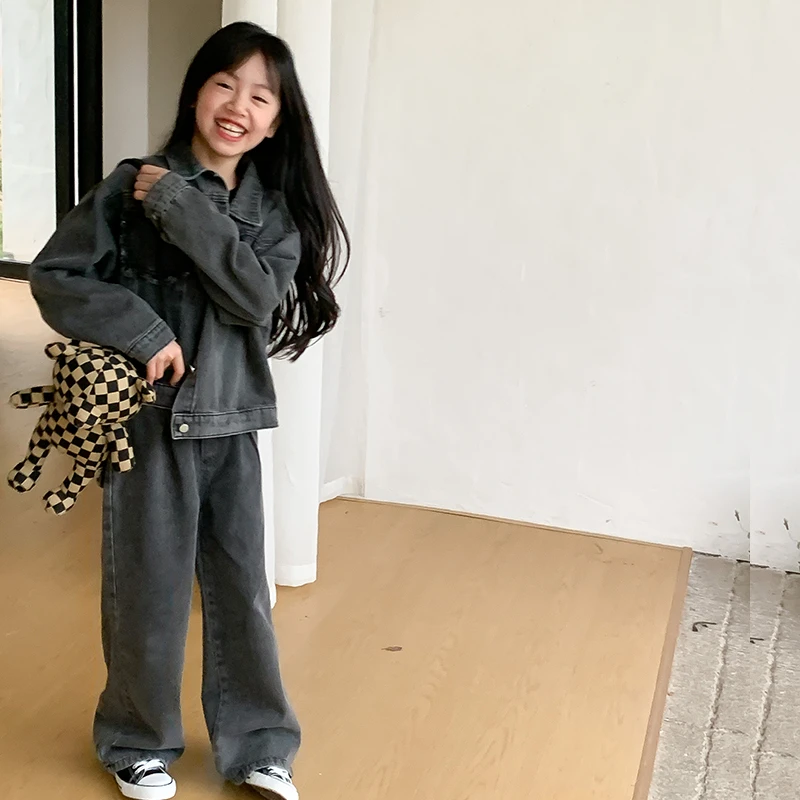 【牛仔灰灰】西西家2024春款童装百搭牛仔外套阔腿裤两件套KD610