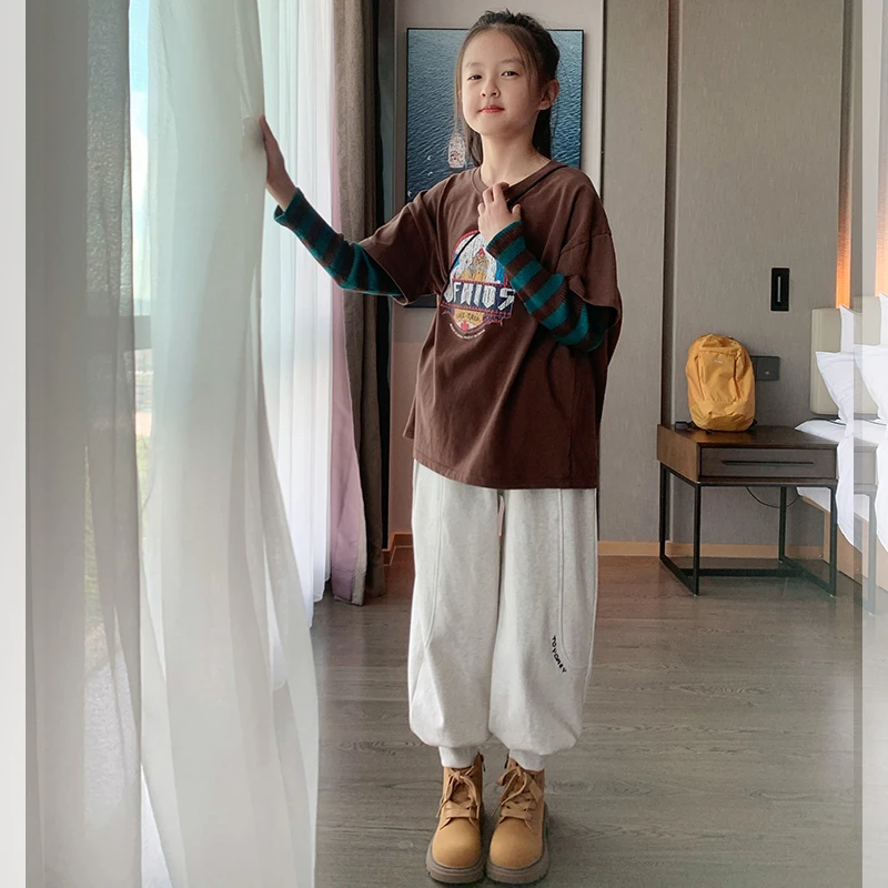 西西家2025春韩版女童假两件卡通印花圆领长袖T恤 上衣DF6987