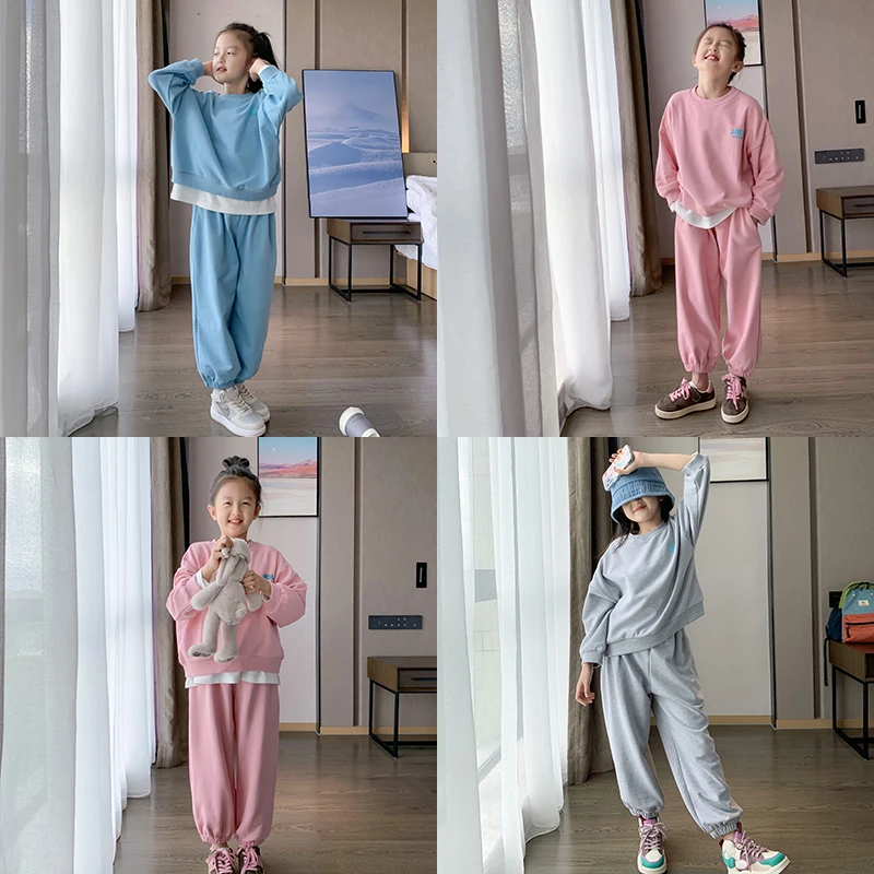 【现货】2023秋款新品女童百搭简约马卡龙色系卫衣运动裤套装JX301