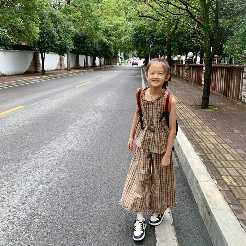 【SYTZ23087】2023夏款女童百搭格子阔腿裤两件套套装SYTZ23087
