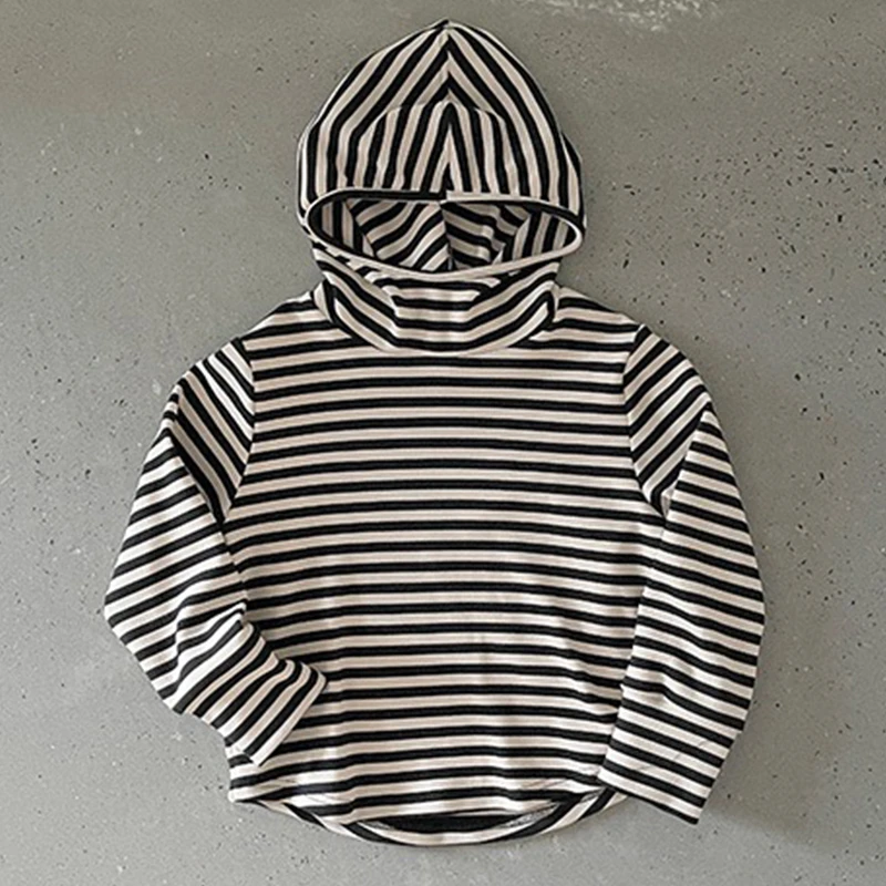 西西家2025春儿童时尚条纹连帽长袖T恤百搭潮流上衣KLK9596