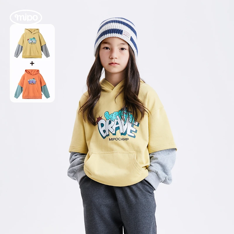 【假两件连帽卫衣】mipo儿童休闲连帽宽松长袖春秋印花假两件卫衣