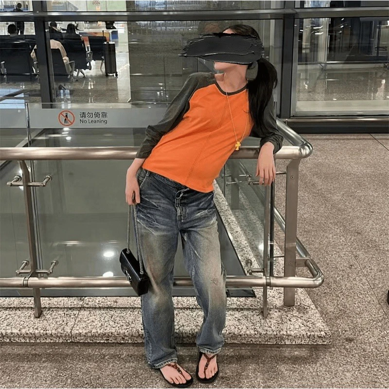 五色拼色插肩袖九分袖