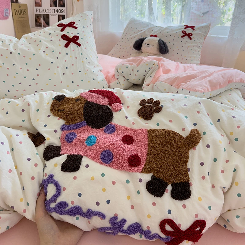 ins可爱腊肠狗毛巾绣四件套超软床笠床单被套学生床三件套非纯棉