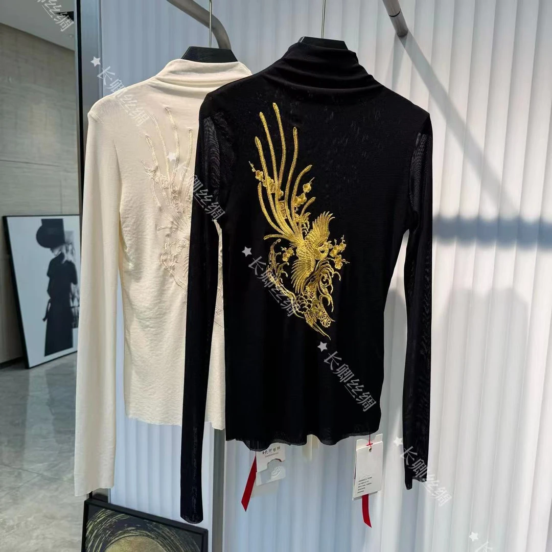 【长卿】新中式国风刺绣复古弹力绸缎网纱打底衫上衣FY4101505