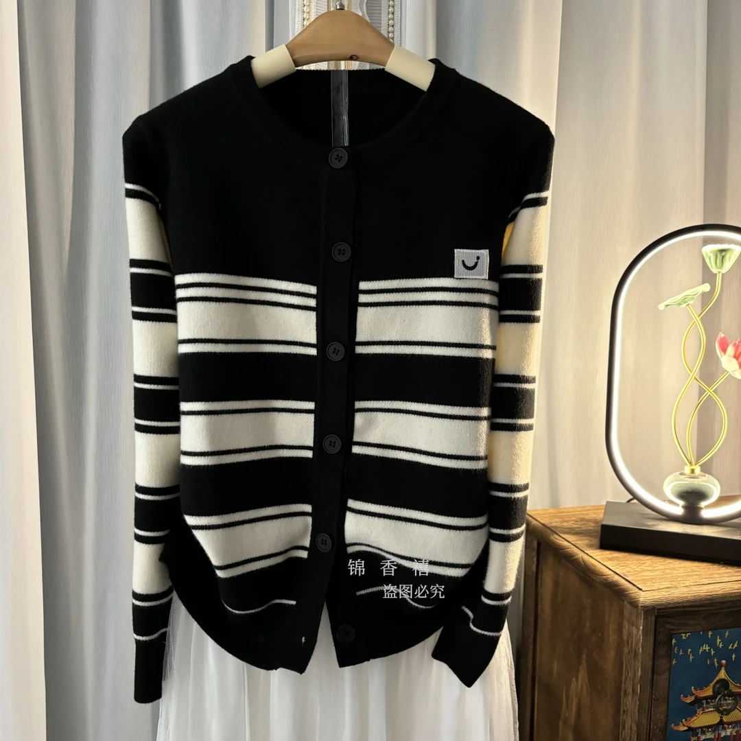 【圆领A789】欧货黑白条纹撞色减龄显瘦百搭针织开衫