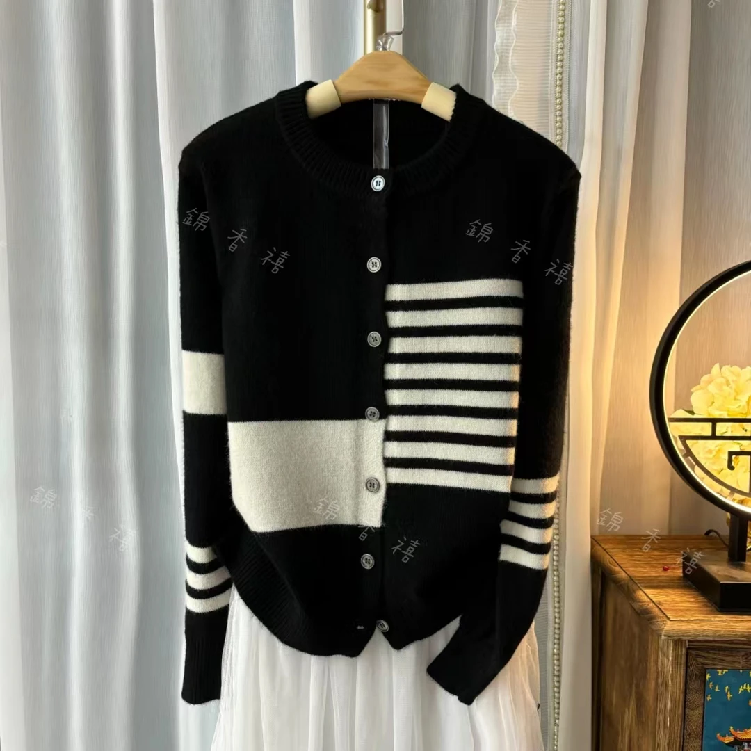 【V200-3格蕾丝条纹】秋冬时尚百搭长袖圆领针织衫开衫外套