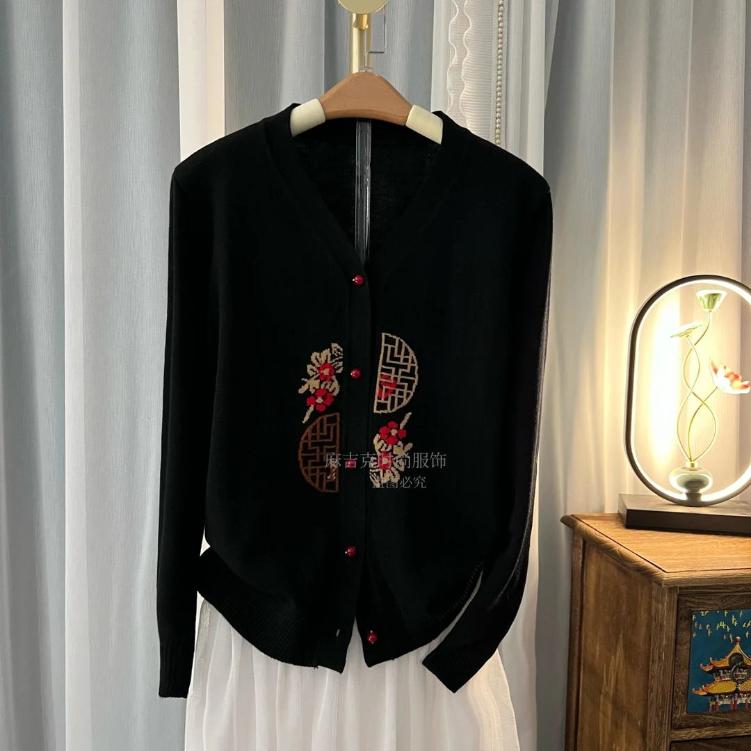 【A75新国风】轻奢新中式国风黑色显瘦百搭宽松针织开衫上衣女