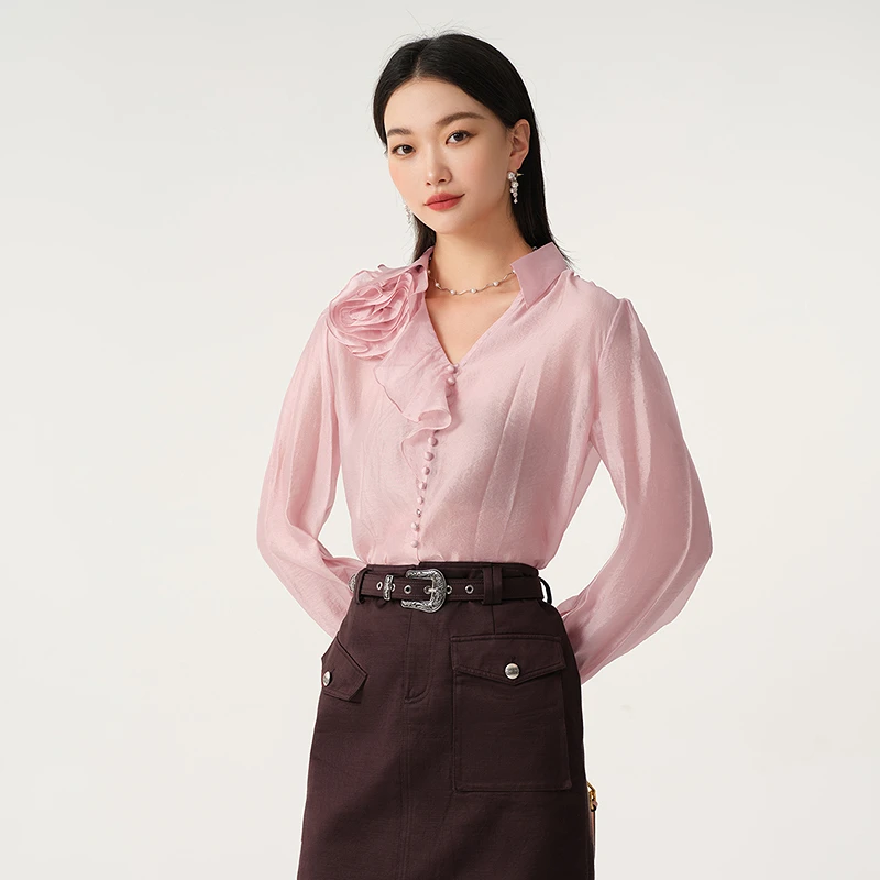 【商场同款】芭蒂娜立体玫瑰花雪纺衫女春秋季v领小衫上衣143M149