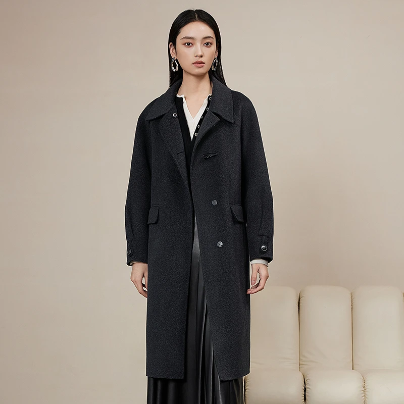 芭蒂娜全羊毛牛角扣双面呢大衣冬季高级感中长毛呢外套644A248