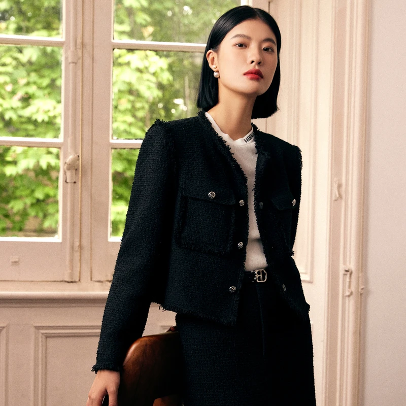 芭蒂娜品牌黑色小香风外套女秋气质粗花呢上衣633E005