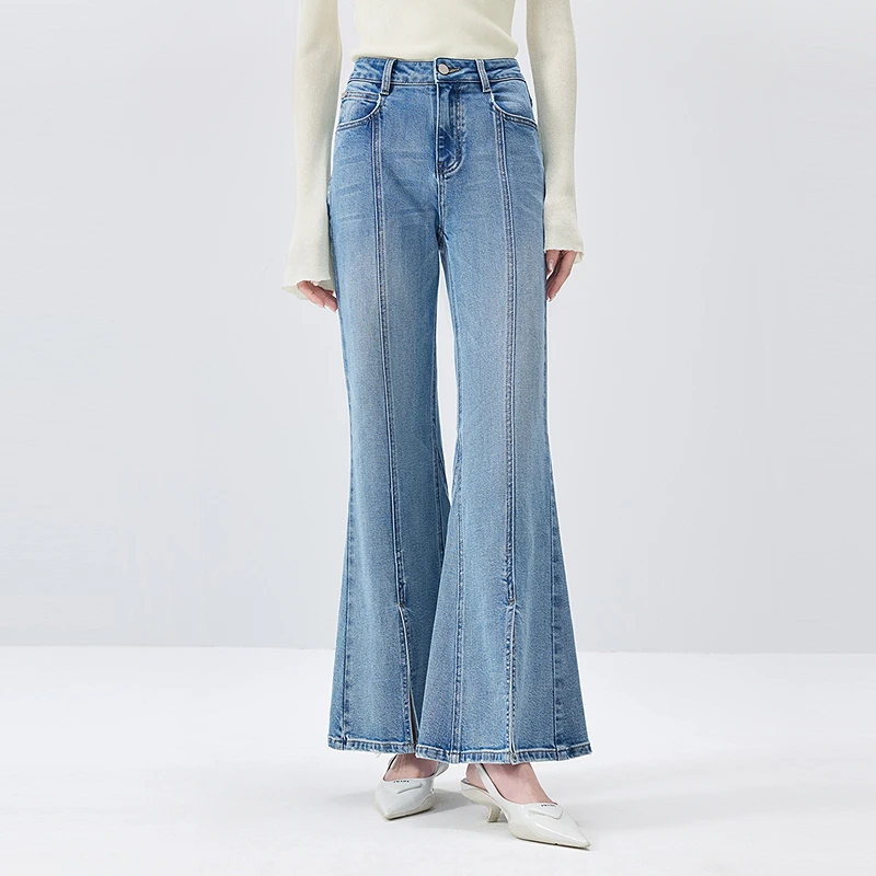 芭蒂娜高腰牛仔裤喇叭裤女春秋冬时尚显瘦前开叉长裤643T058