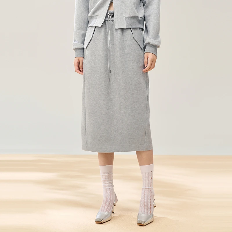 COLOVE灰色高腰松紧休闲半身裙女秋季亮丝开衩卫衣裙子843S005