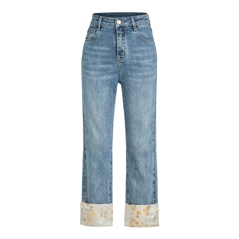 芭蒂娜中国风复古牛仔裤秋冬修身显瘦直筒九分裤133T191