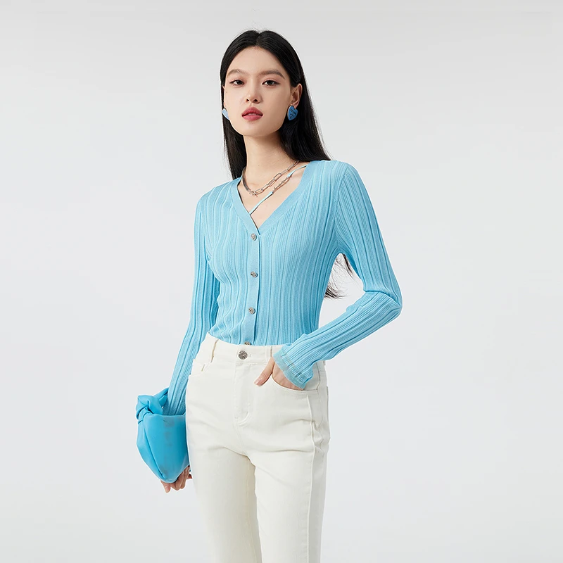 芭蒂娜蓝色针织开衫女春修身显瘦设计感高端气质上衣141Q198