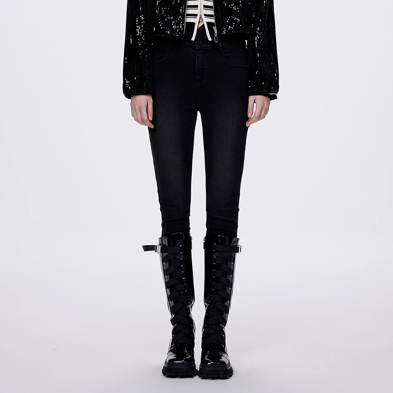 COLOVE黑色铅笔裤秋季新款棉弹牛仔裤时尚休闲裤241T110