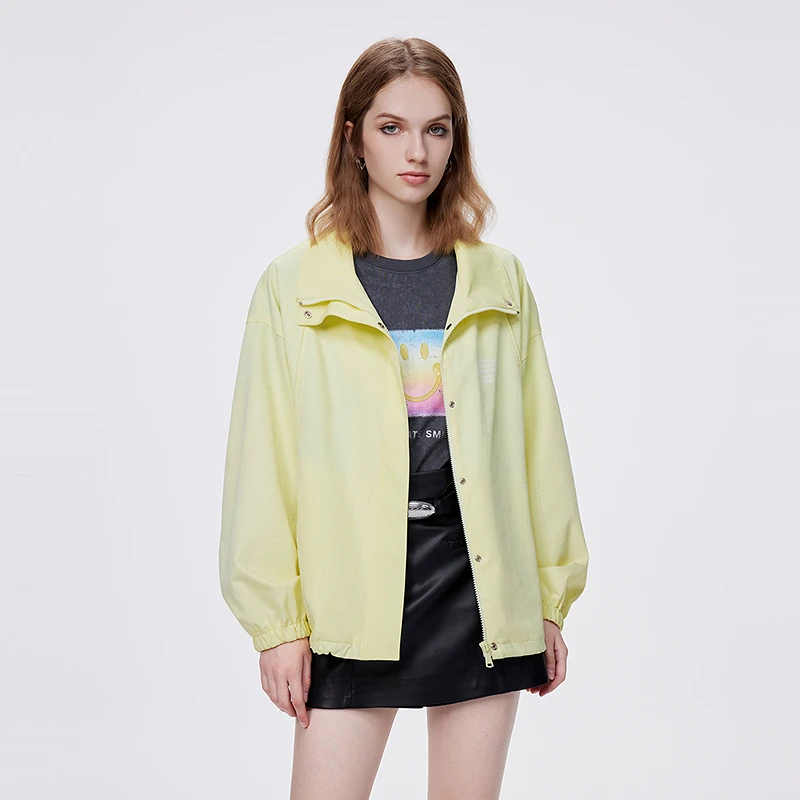 COLOVE奶黄色短款外套女秋季新款宽松立领外套241E019
