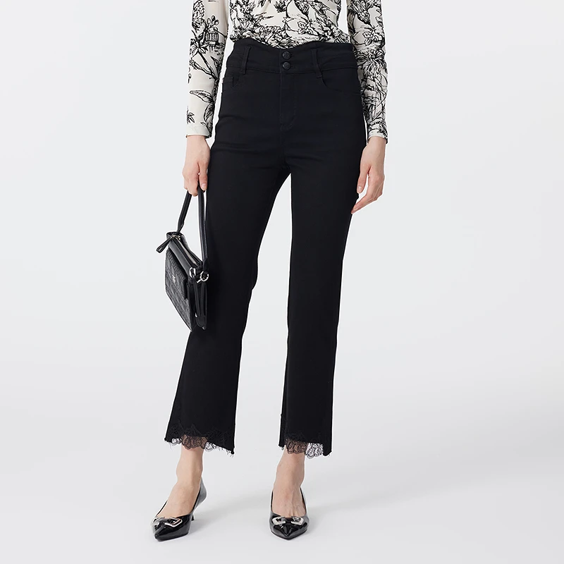 【商场同款】芭蒂娜高腰微喇裤春秋款蕾丝拼接九分牛仔裤141T274