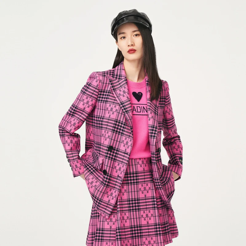 芭蒂娜粉色羊毛格子西装短西服外套131D023下架