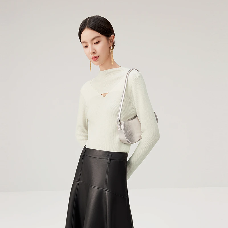 芭蒂娜绵羊毛半高领针织衫冬季镂空修身内搭上衣644Q053