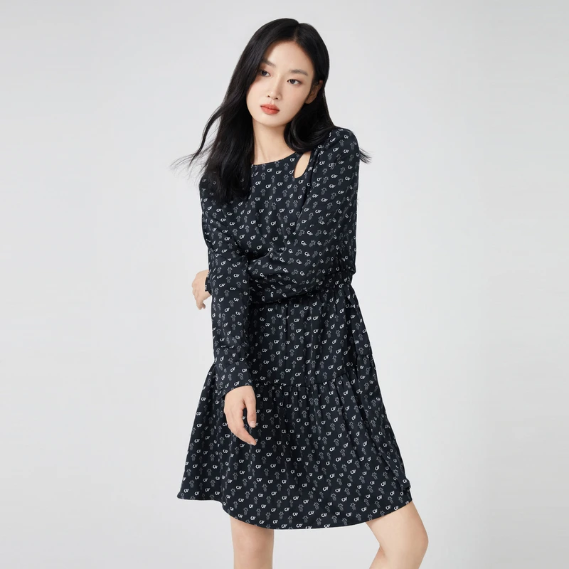 COLOVE碎花连衣裙女长袖裙子831U161下架