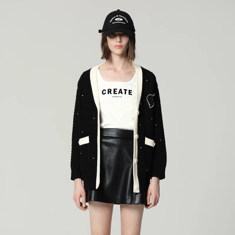 COLOVE黑色毛针织开衫女绵羊毛v领修身外套秋冬新款上衣233F218