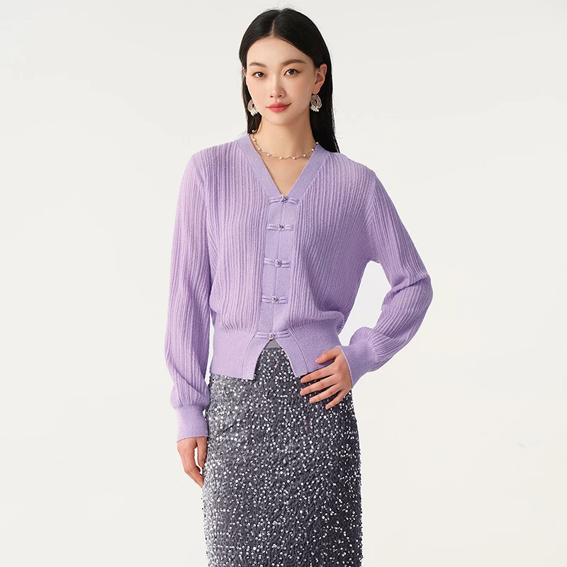 芭蒂娜新中式针织开衫毛衣秋羊驼珠片上衣143Q236