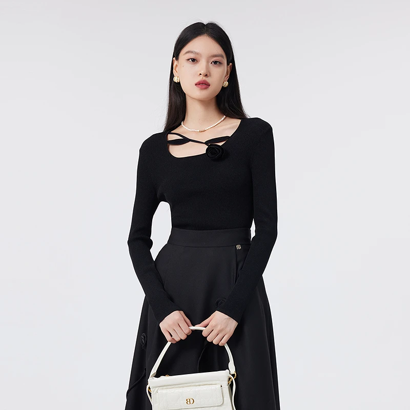 【商场同款】芭蒂娜黑色气质修身针织衫春秋立体玫瑰打底衫141Q012