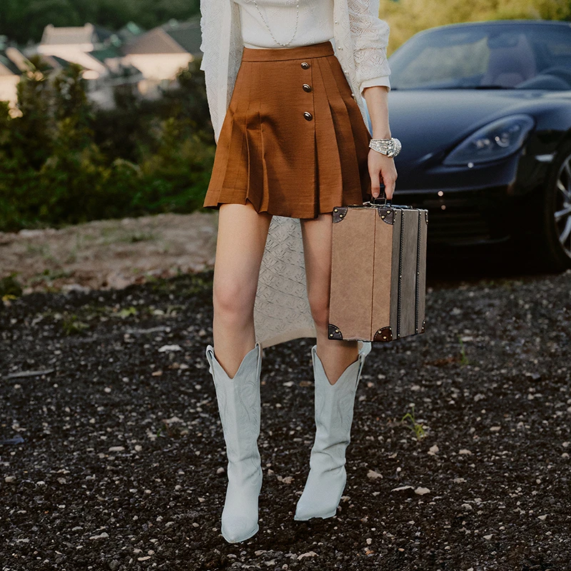 【商场同款】卡拉佛秋季高腰深咖色短裙半身裙复古百褶裙343S057