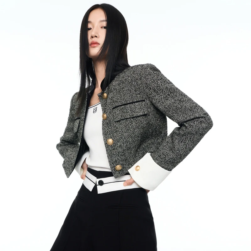 COLOVE/卡拉佛COLOVE小香风短外套女秋冬粗花呢短款外套833E075