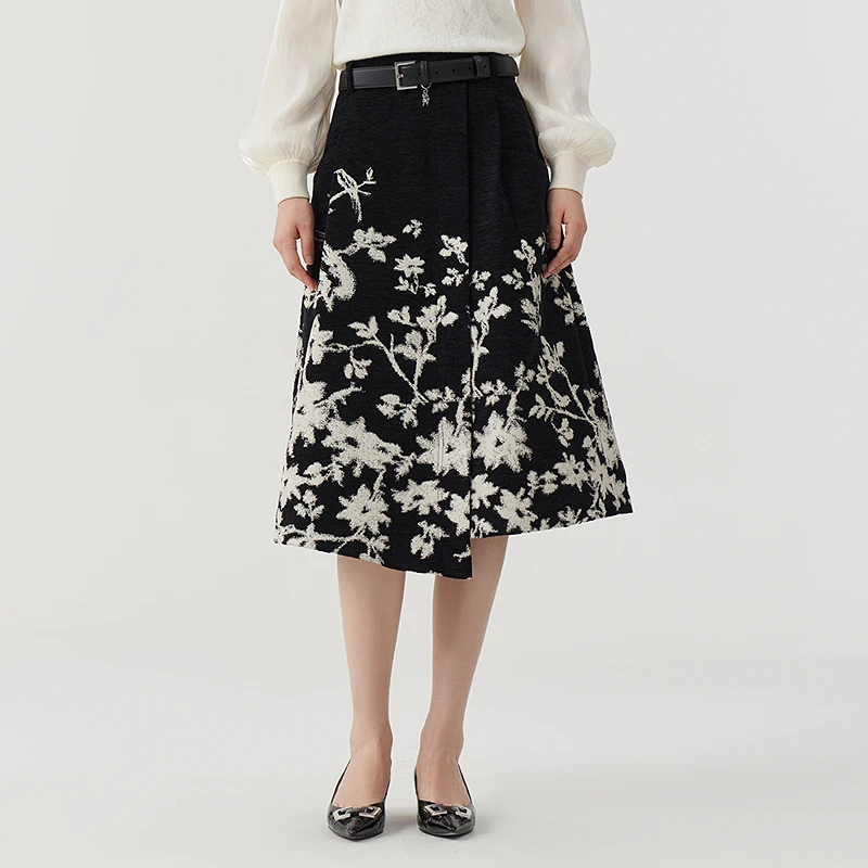 芭蒂娜气质新中式半身裙秋季不规则高腰中长裙134S018