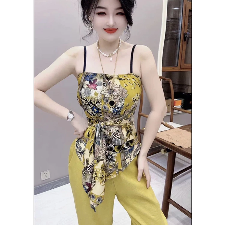 夏季新款交叉绑带印花吊带背心小众设计感遮肉显瘦减龄洋气女装潮