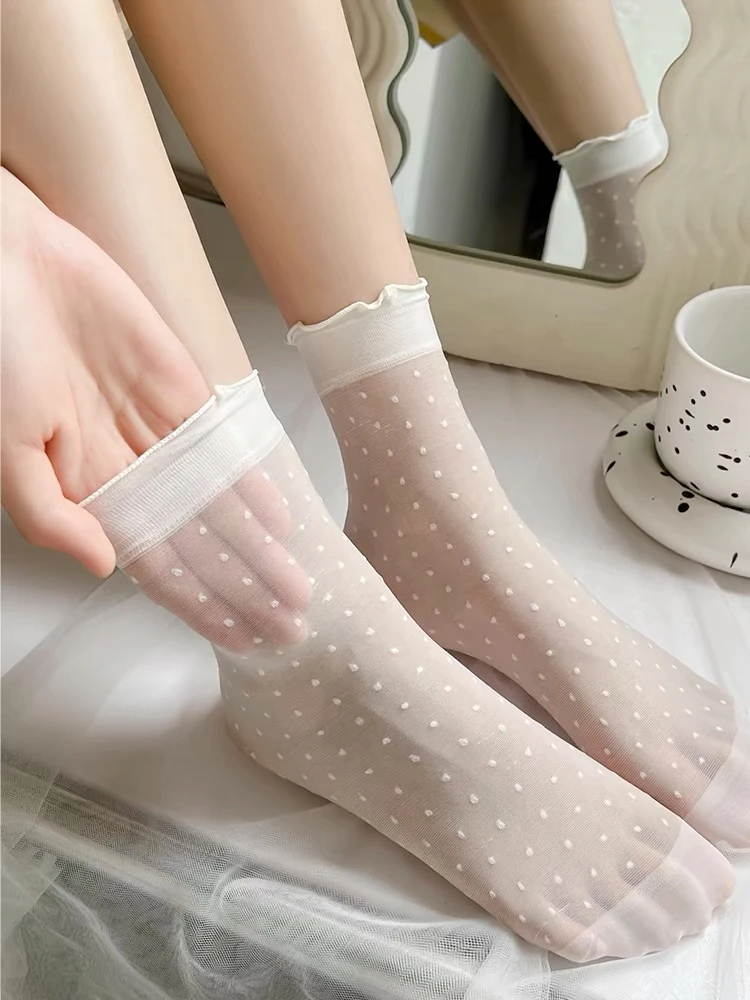 日系卡丝袜子女冰丝夏季薄款清凉透明堆堆袜可爱花边白色中筒袜