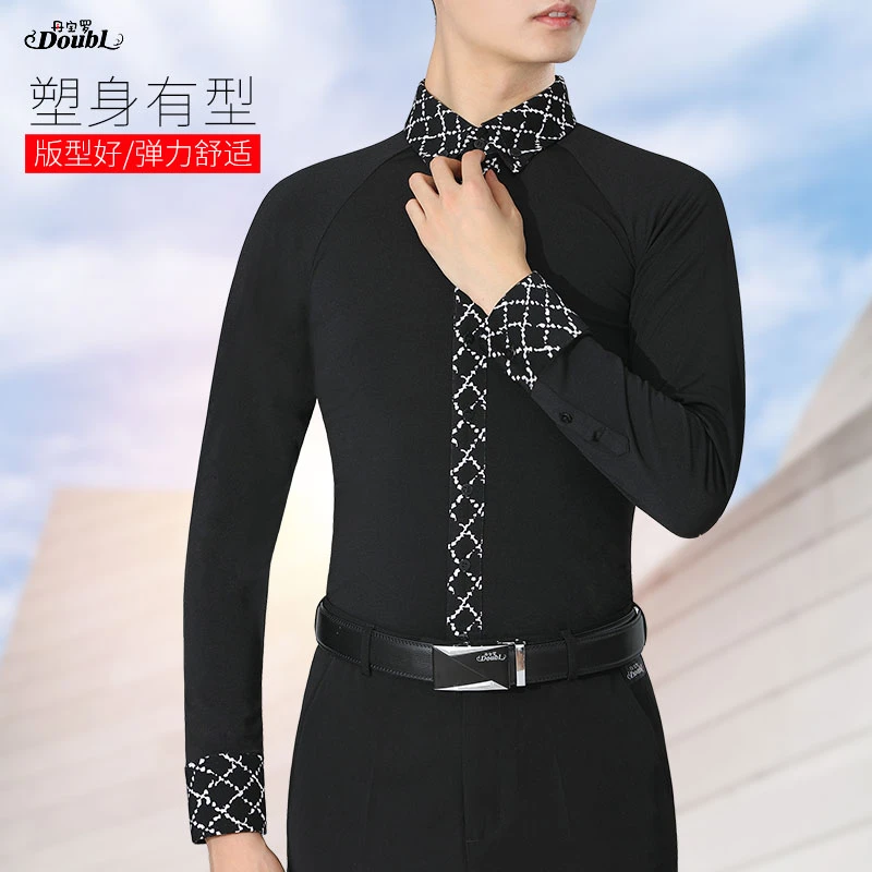 丹宝罗摩登舞服表演服2024年新款黑色长袖男士帅气衬衣华尔兹上衣