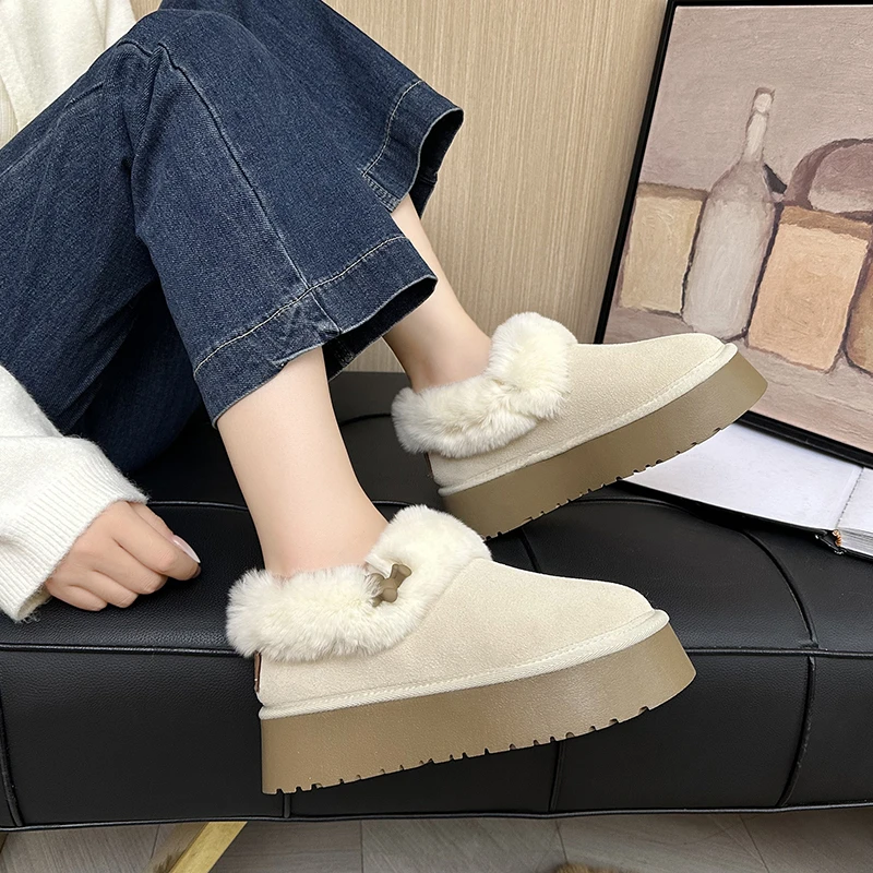 毛毛雪地靴女冬2023新款低帮短筒松糕厚底防寒棉鞋加绒加厚面包鞋