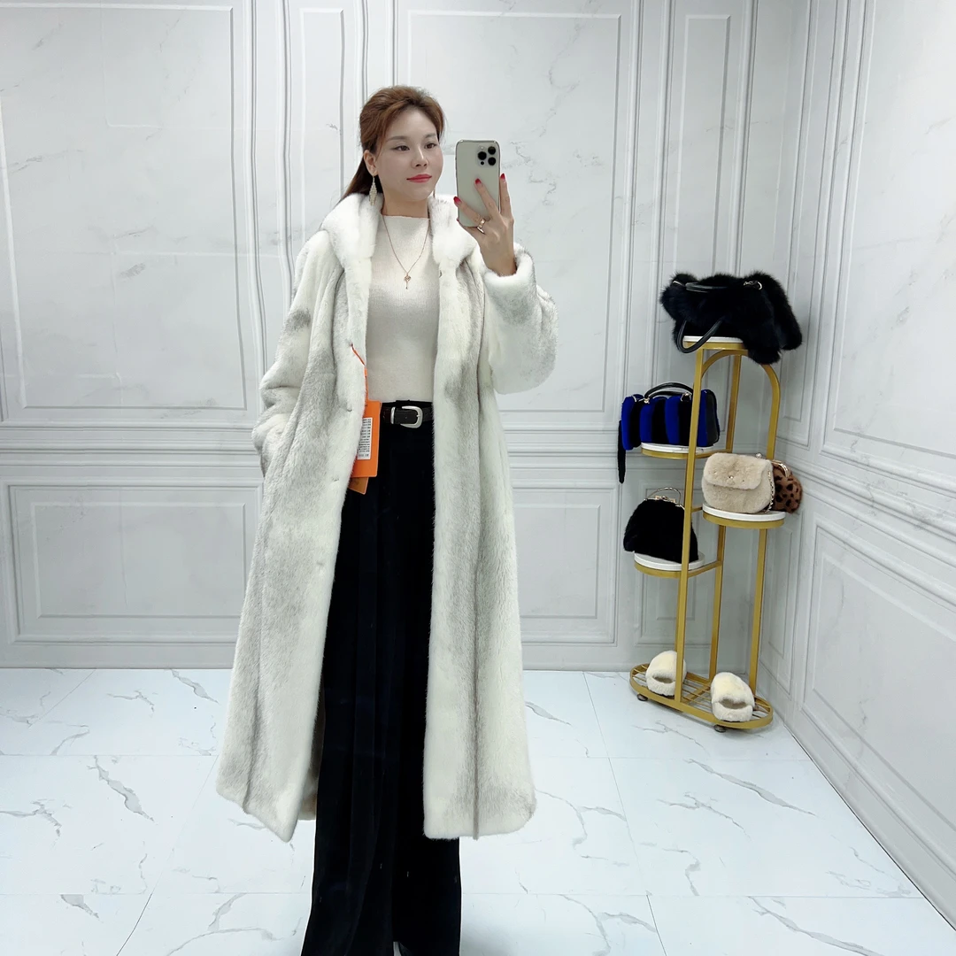 海宁水貂大衣2024新款时尚修身版中长款银十字冬季110长百搭气质