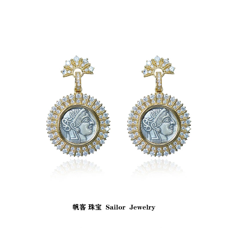 925银合成锆石耳饰 【雅典娜】小众时尚轻奢复古风币满钻耳钉耳饰