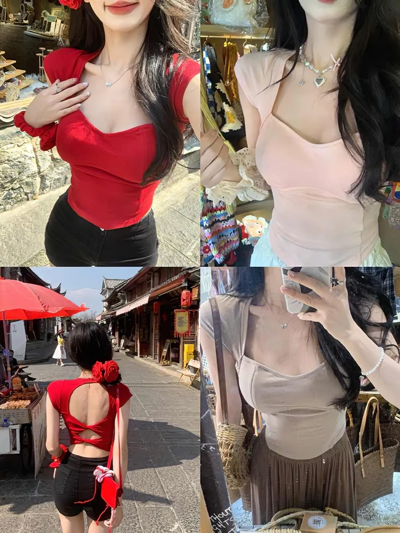 红色甜辣性感方领设计感三色露背上衣t恤女修身显瘦短袖带胸垫夏