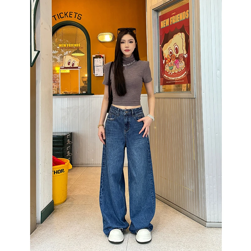 【TO&HR】BE956Q早春水洗深蓝休闲牛仔裤早春百搭高腰直筒阔腿女装