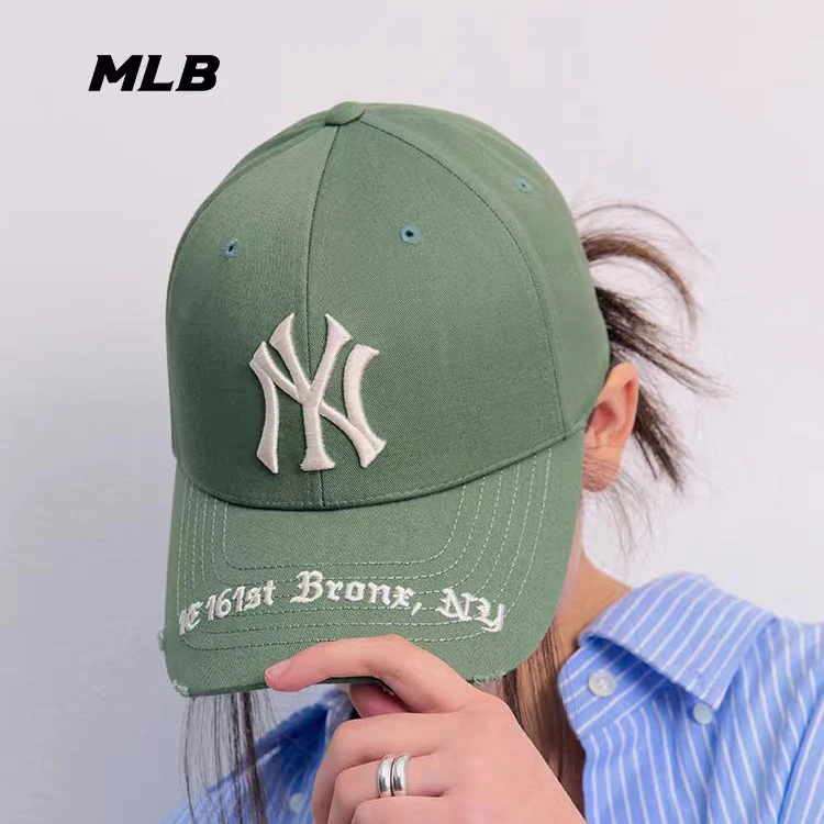 MLB韩国帽子鸭舌帽百搭刺绣做旧做旧破洞NY标棒球帽弯檐遮阳帽