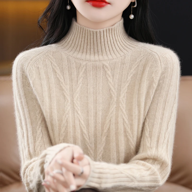 重工轻奢~羊毛衫女宽松休闲扭花纯色针织半高领打底加厚毛衣百搭